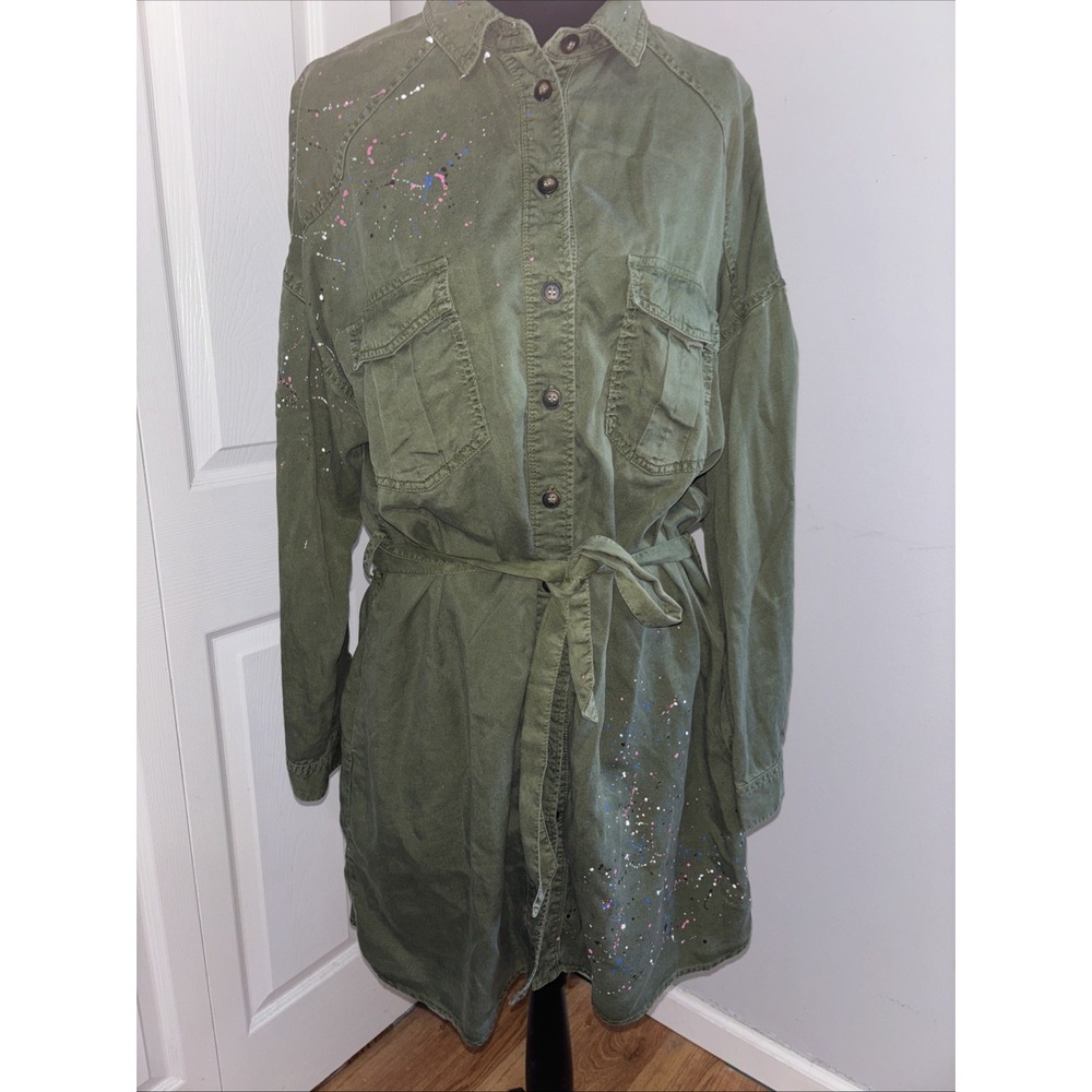 Zara Utility Jacket Dress Size L Green Paint Splatter Button Pockets Military - Picture 1 of 8